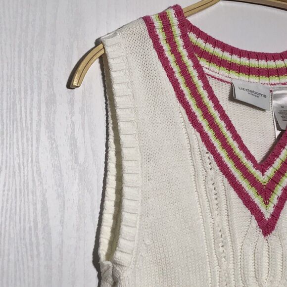Liz Claiborne Sweater Vest Womens Medium White Pink Tennis V-Neck Cable Knit - Picture 4 of 10